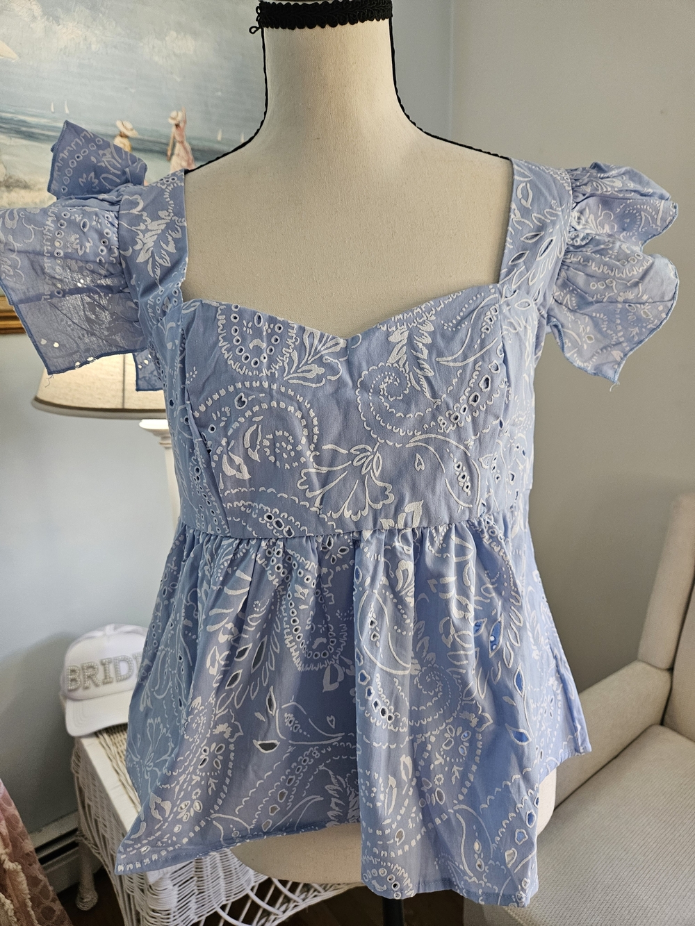 SHEIN Baby Blue Eyelet Peplum Top with Puff Short Sleeves